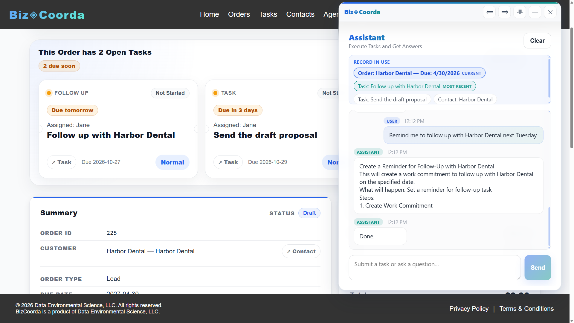 BizCoorda order with assigned tasks created by AI task management.